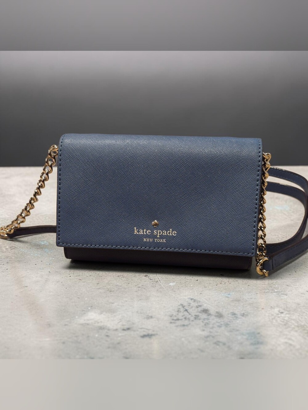 kate spade navy blue leather crossbody with gold chain